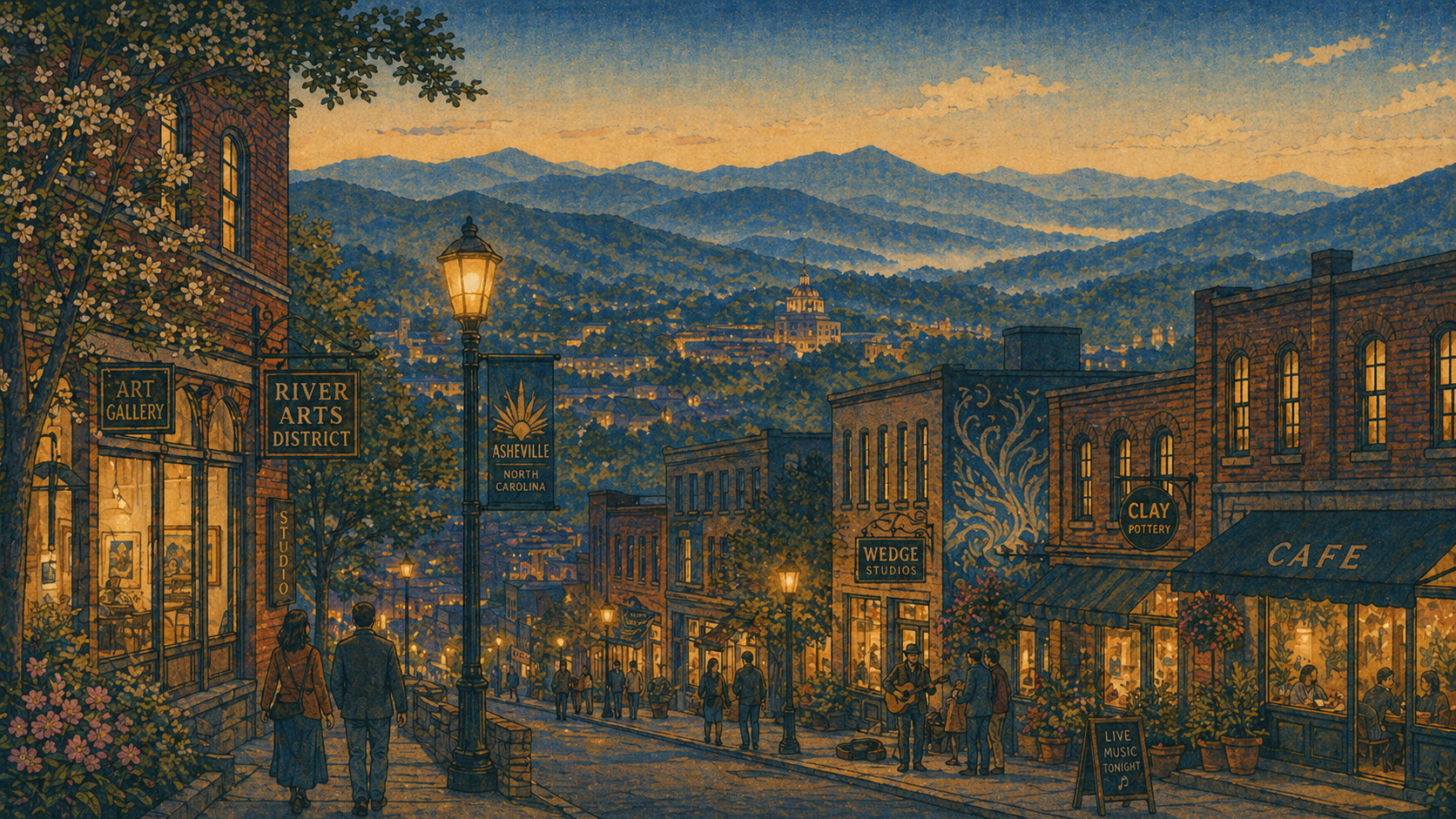 夕暮れのアシュビルの山の町とアート地区