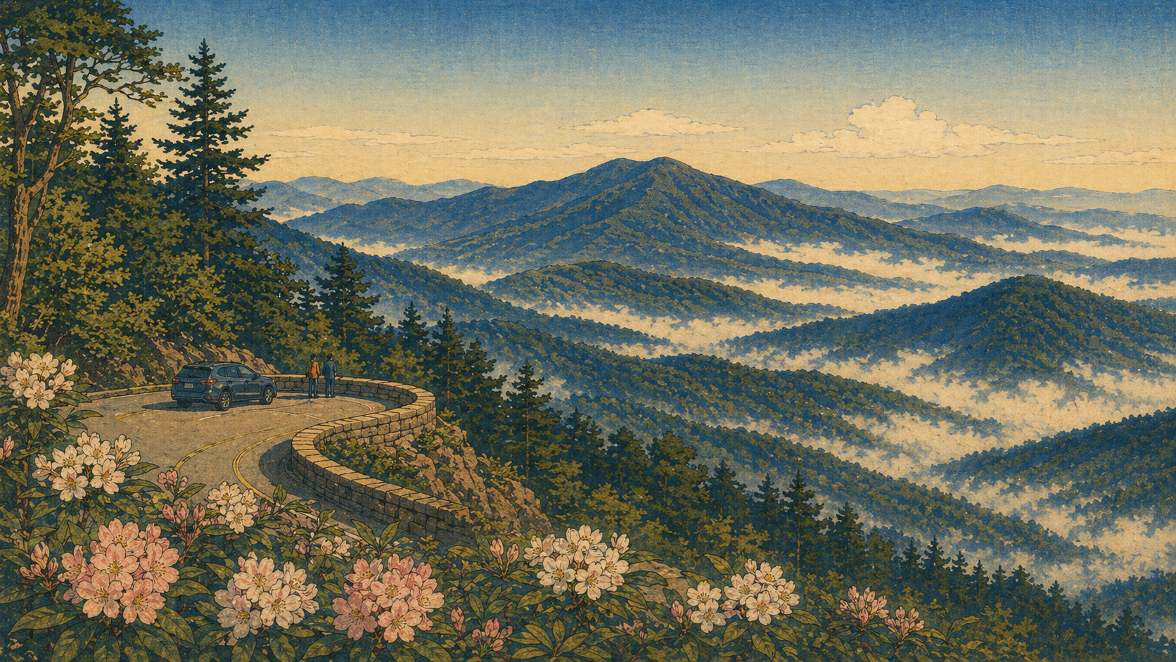 朝霧に包まれたブルーリッジ・パークウェイの展望台