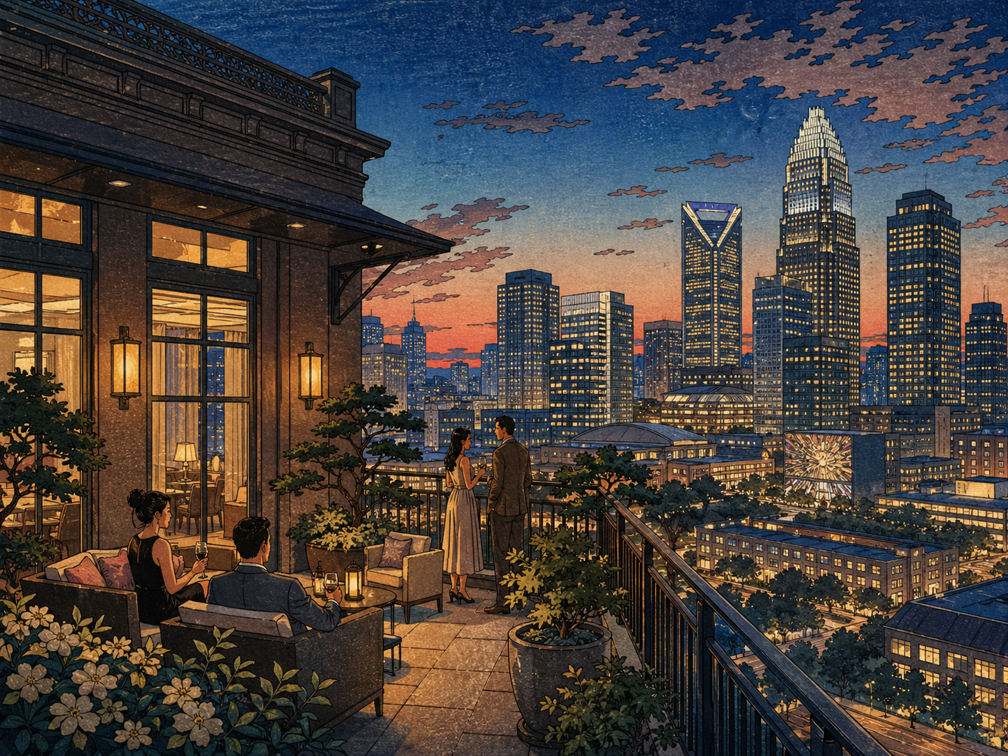 シャーロット・アップタウンのブティックホテルと夜景