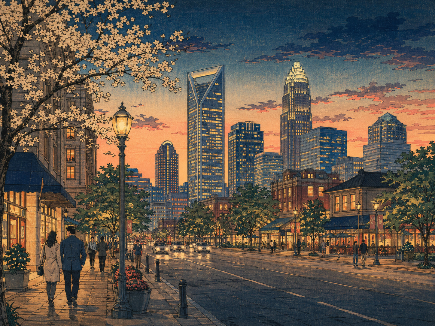 シャーロットのアップタウンと夕暮れの街路