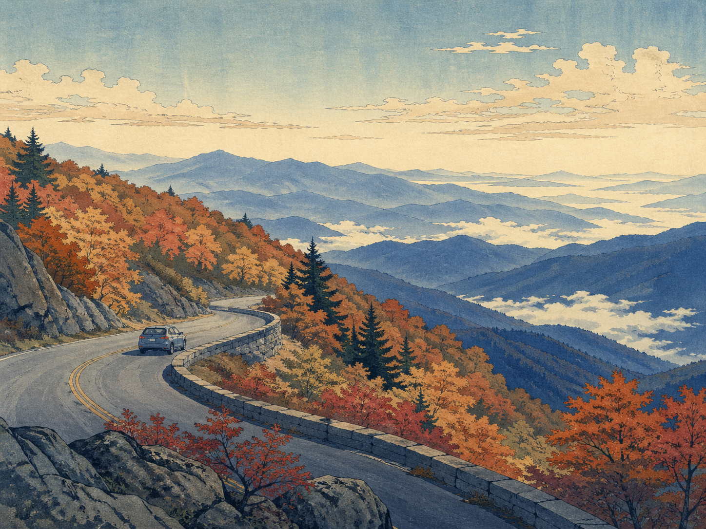 秋のブルーリッジ・パークウェイをゆっくり走る車