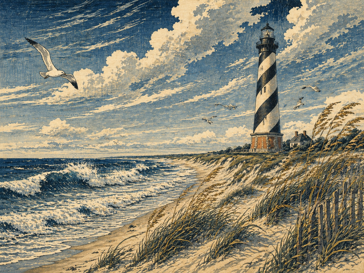 アウターバンクスの砂丘と灯台と荒い海