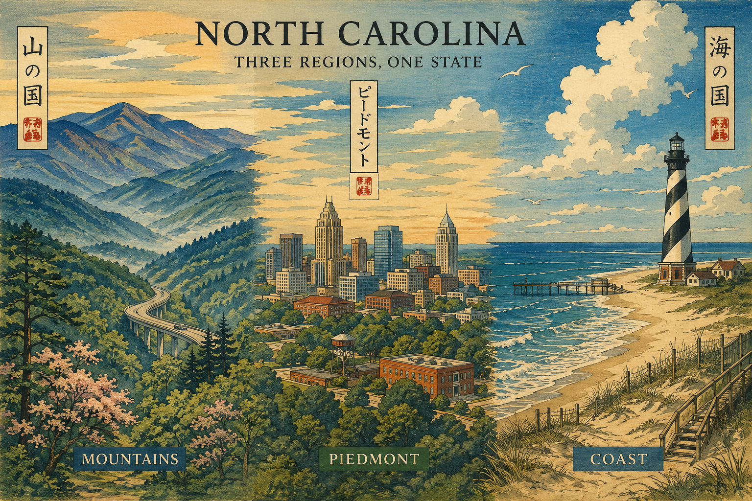 山、ピードモント、海岸が一枚に重なるノースカロライナの風景