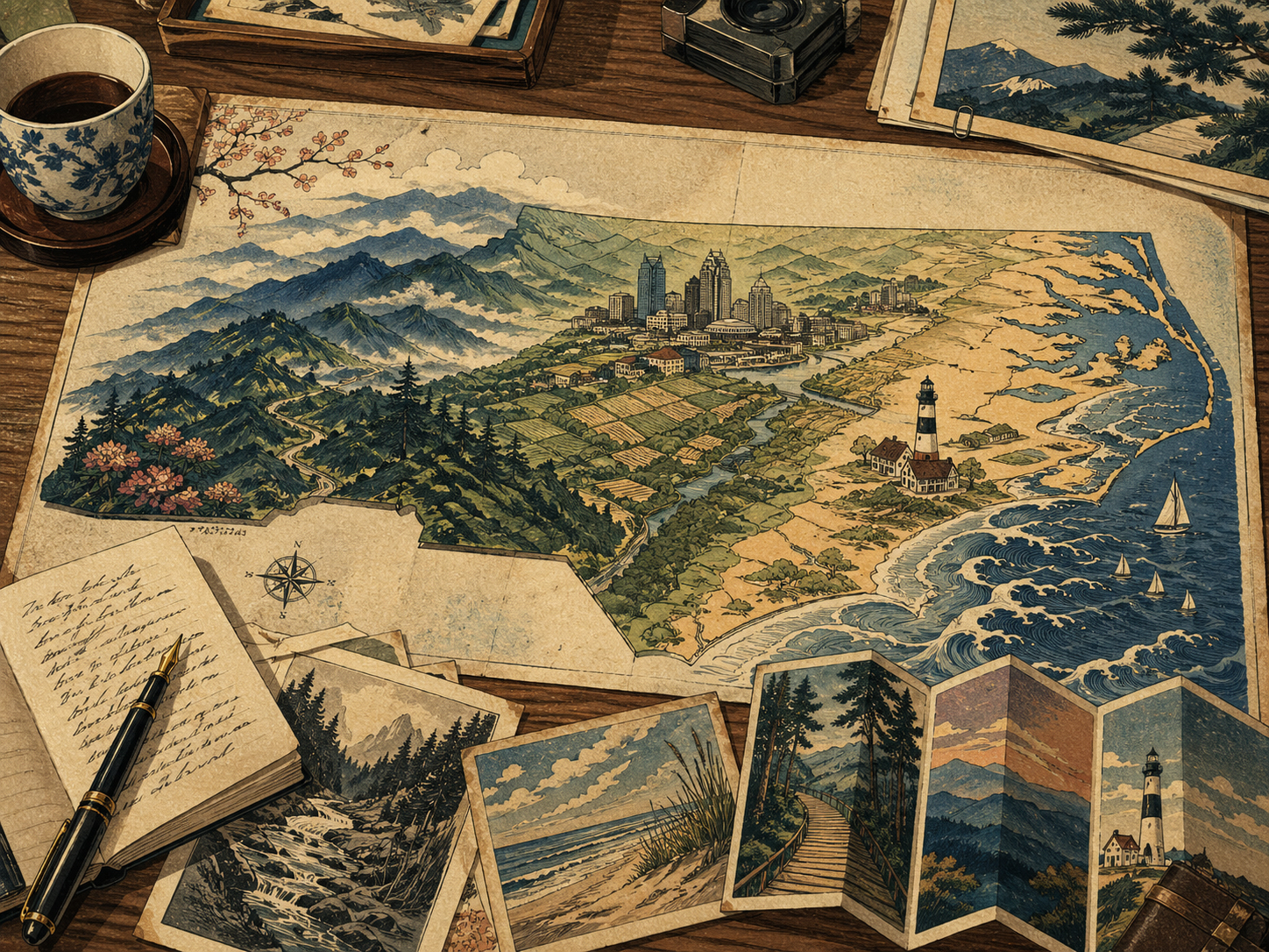 ノースカロライナの地図、山、海、都市、食を編集する机