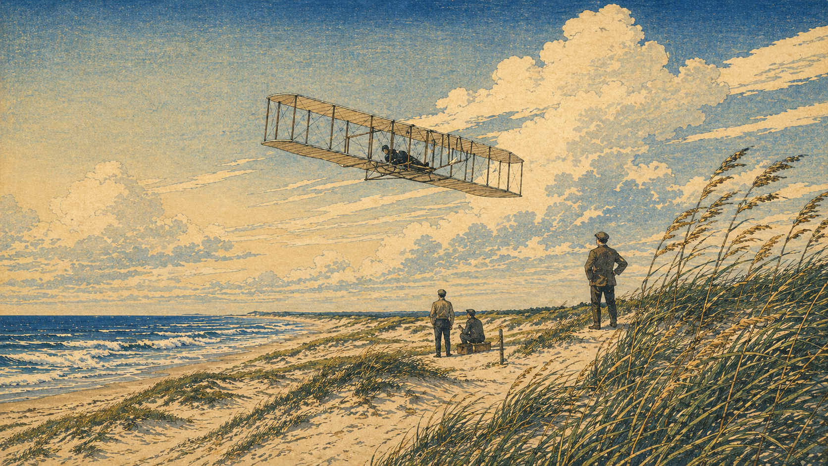 砂丘と空とライト兄弟の初飛行を思わせる風景