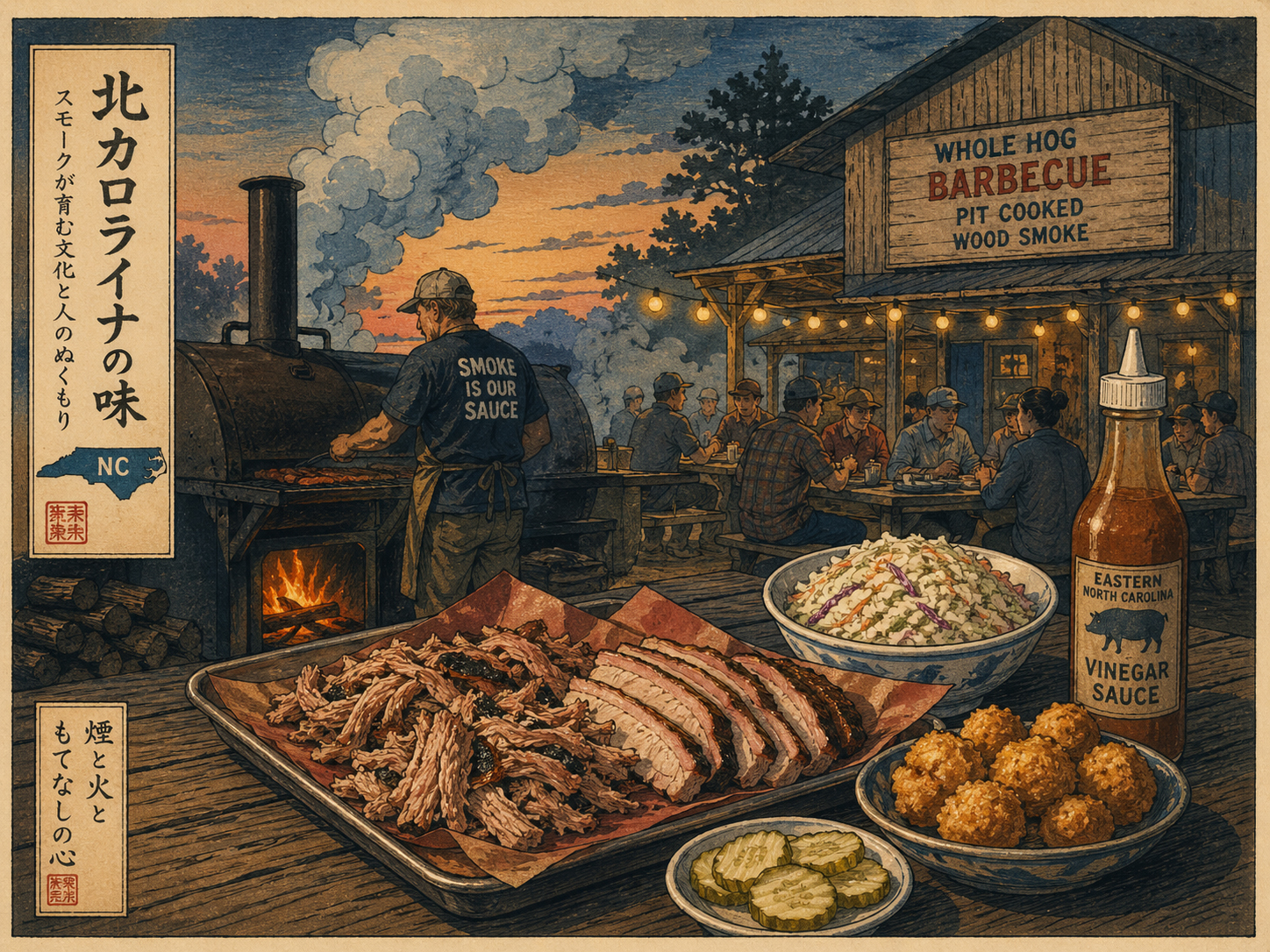 ノースカロライナのバーベキューと煙るピットと食卓