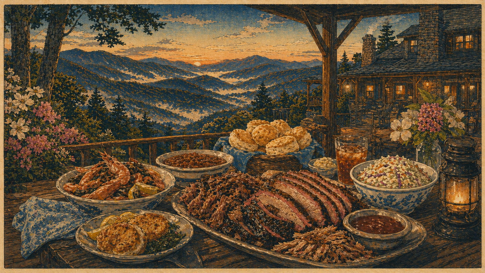 バーベキューと海の幸と山の宿を思わせるノースカロライナの食卓