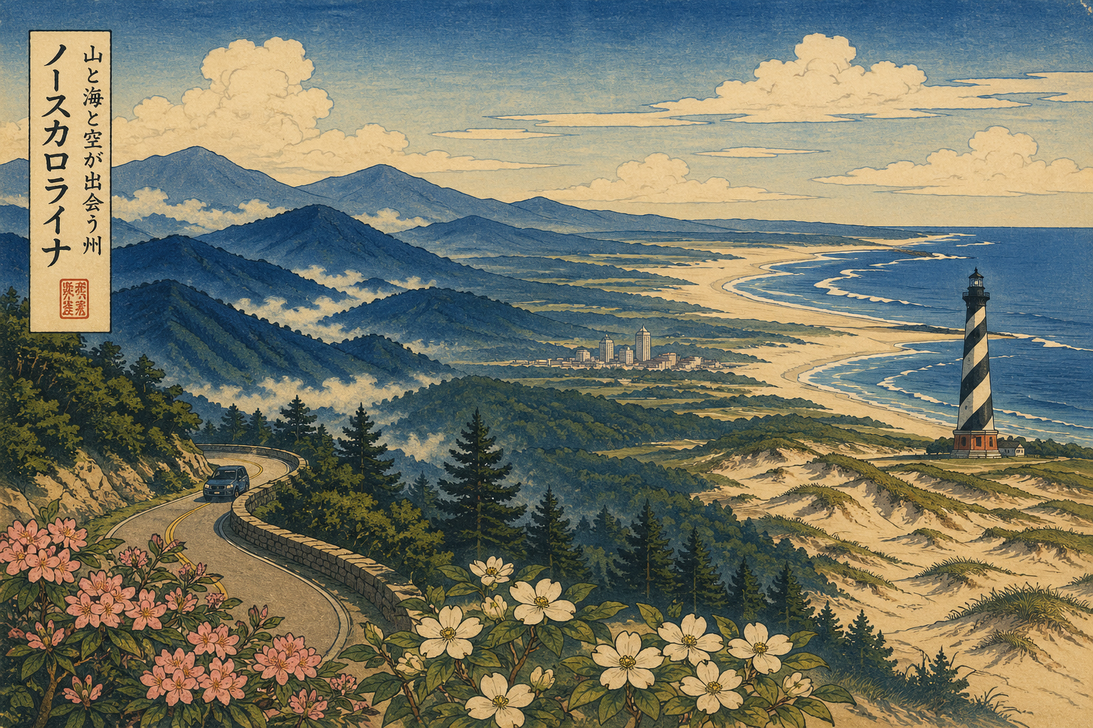 山、海岸、灯台、都市を含むノースカロライナの風景