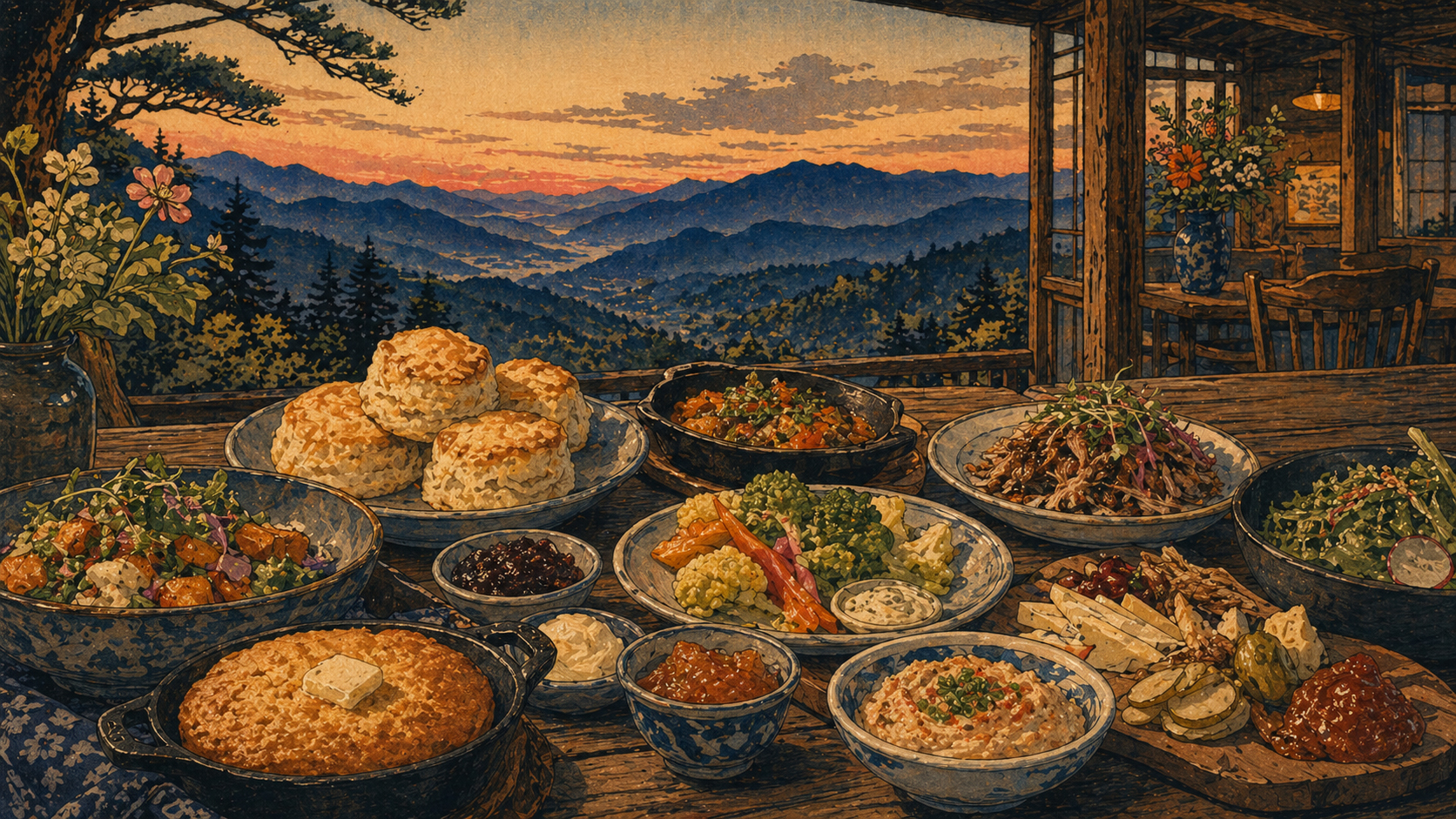 アシュビルの朝食と南部料理とタパスをイメージした食卓