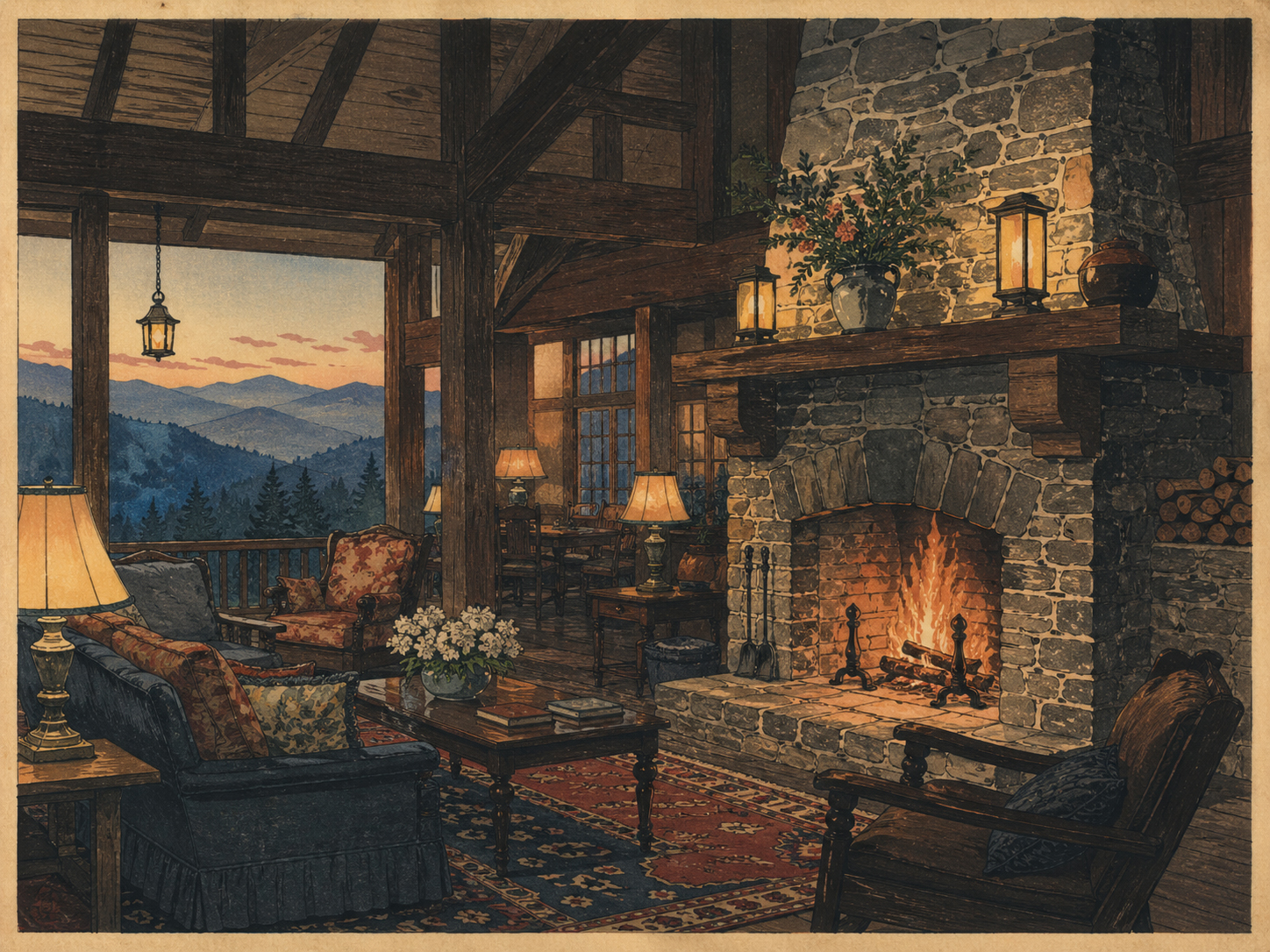 山の歴史的ホテルと石の暖炉