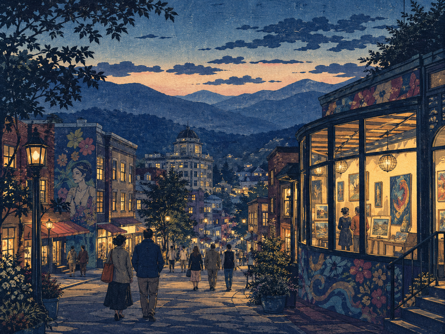 夕暮れのアシュビルと山の芸術地区