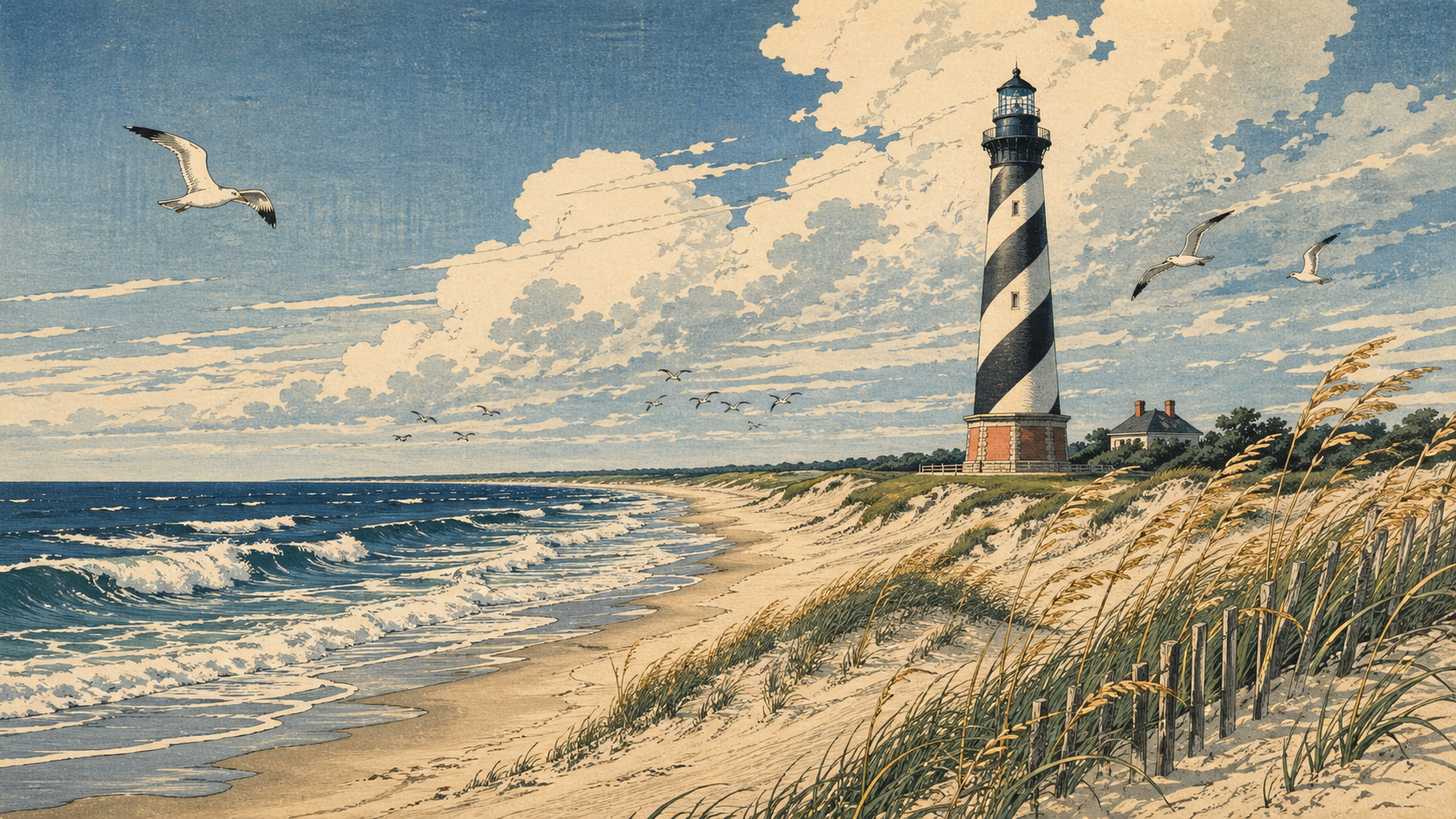 ケープ・ハッテラス灯台と砂丘と海風