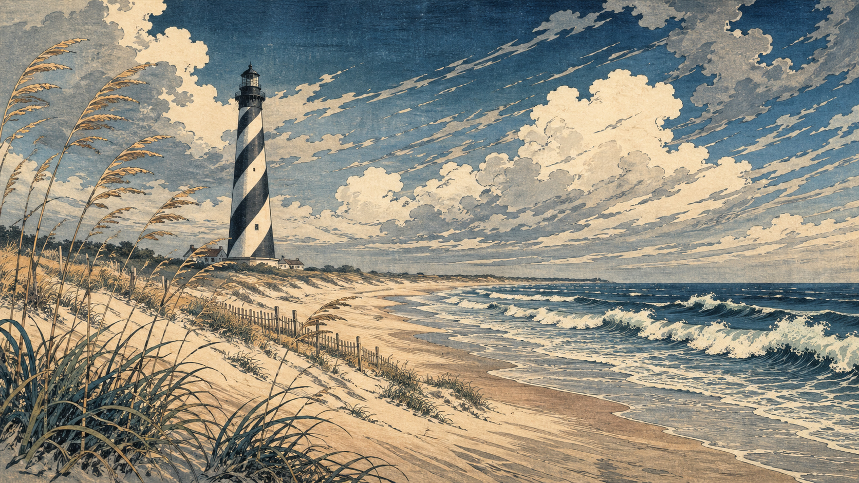 アウターバンクスの灯台、砂丘、波