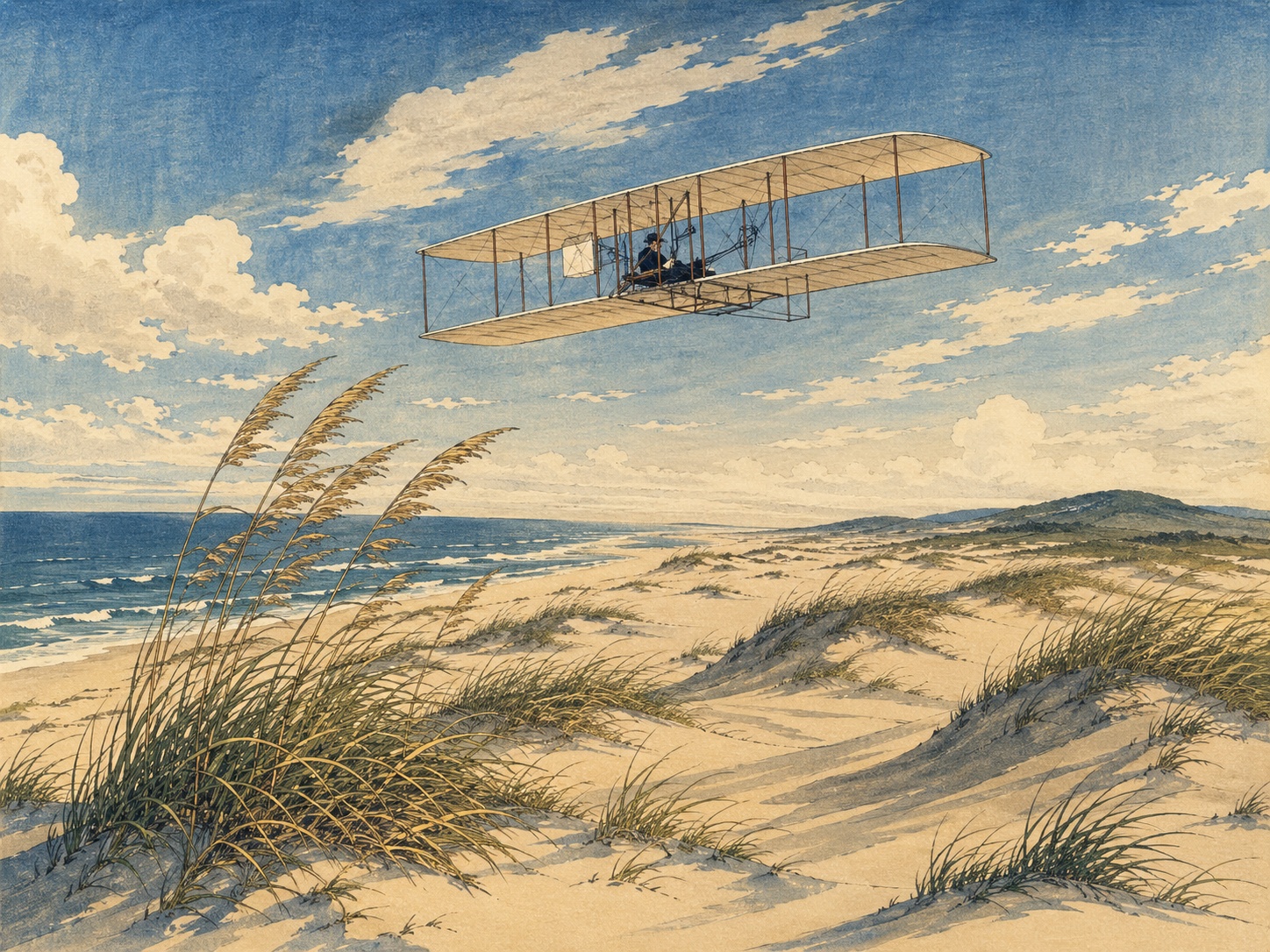 砂丘の上を飛ぶ初期飛行機と空