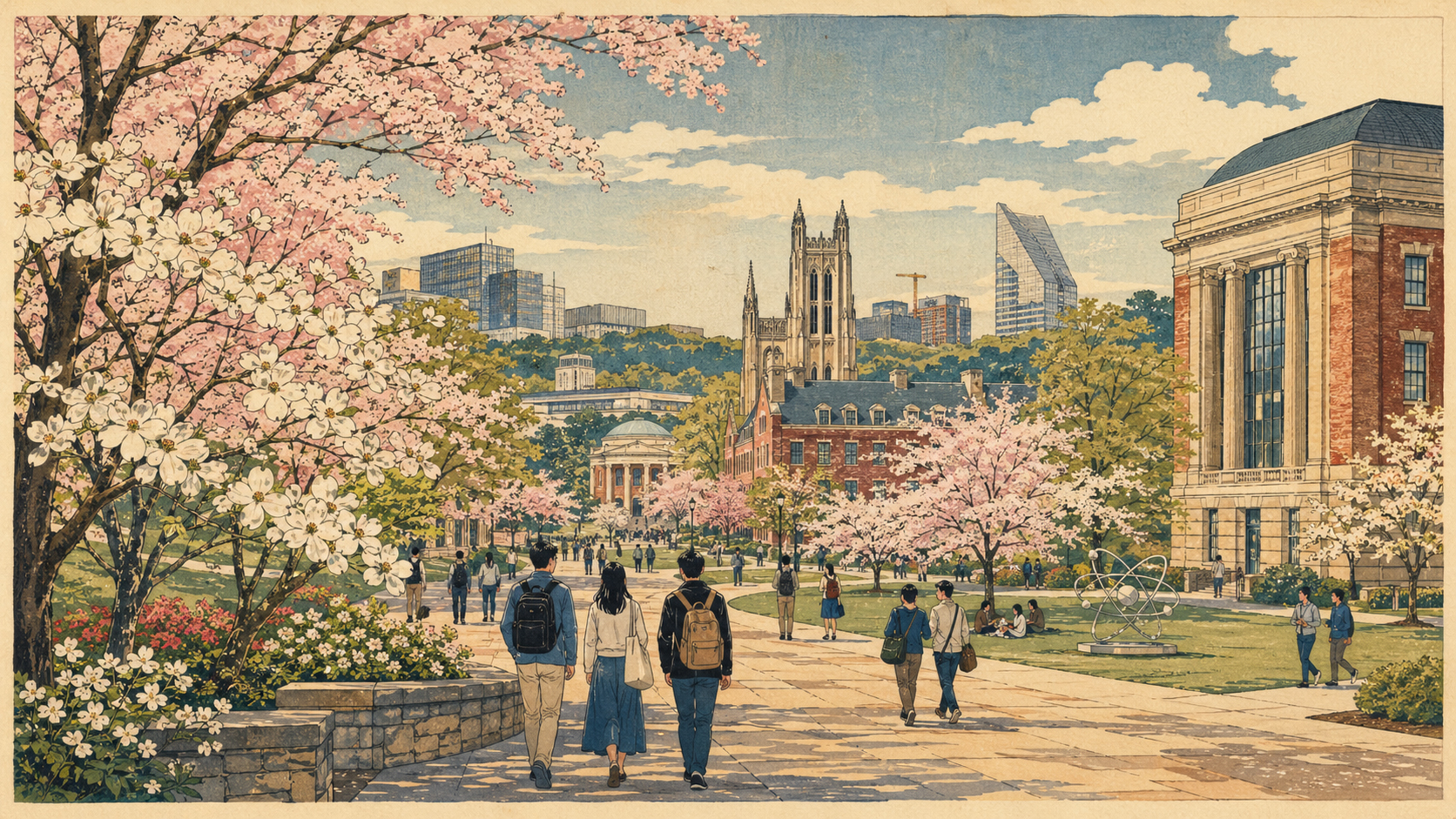 春の研究都市リサーチ・トライアングルの大学キャンパス