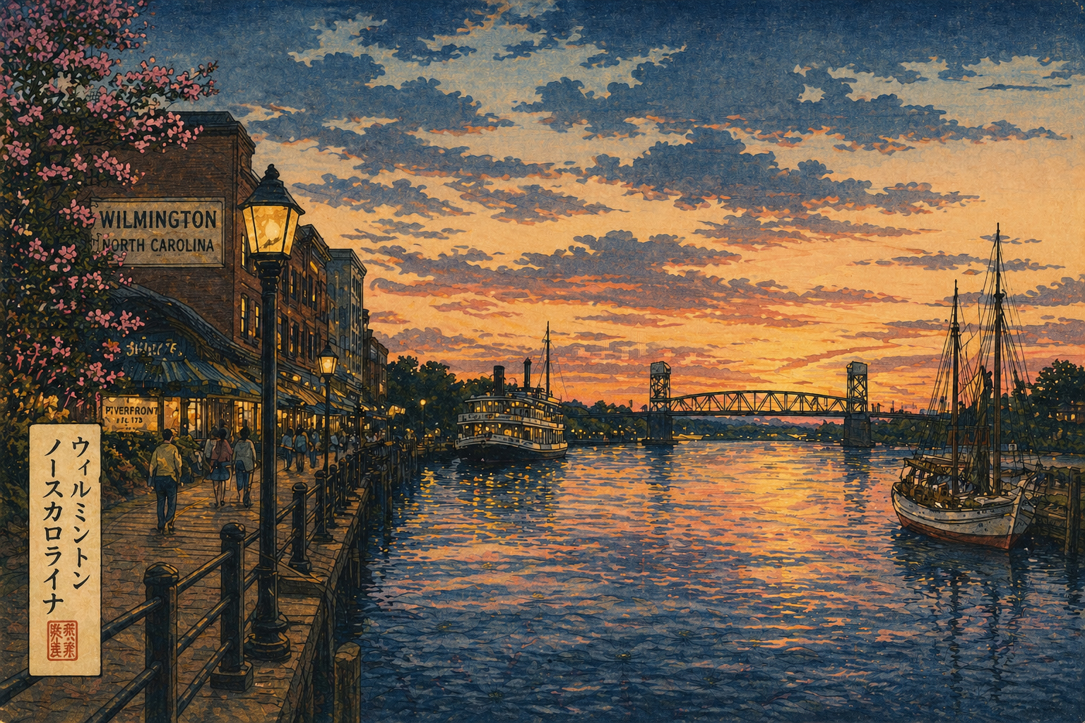 夕暮れのウィルミントンの歴史的な港とリバーフロント